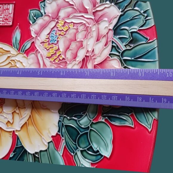 Decorative Plate With Floral Relief Design & Stand "10" Red Background - Picture 3 of 6